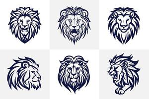 Lion head face logo set silhouette black icon tattoo mascot hand drawn lion king silhouette animal vector illustration