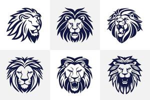 Lion head face logo set silhouette black icon tattoo mascot hand drawn lion king silhouette animal vector illustration