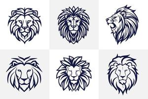 Lion head face logo set silhouette black icon tattoo mascot hand drawn lion king silhouette animal vector illustration