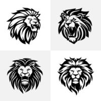 Lion head face logo set silhouette black icon tattoo mascot hand drawn lion king silhouette animal vector illustration