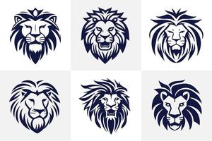 Lion head face logo set silhouette black icon tattoo mascot hand drawn lion king silhouette animal vector illustration