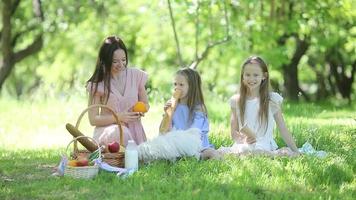 familj picknick på de gräs med mor och döttrar video