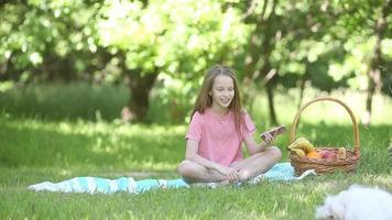 jung Mädchen auf ein Decke im das Gras mit Korb von Obst video