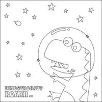 Cute dinosaur astronauts in space,  Cartoon outlines on white background isolated vector illustration, Creative vector Childish design for kids activity colouring book or page.