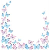 Watercolor vector illustration with delicate butterflies are pink, blue, flying in the stream.