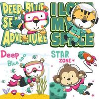 Set of cartoon kid animal activity. tiger and bear diving undersea. Astronaut tiger and monkey in space Isolated objects on white background. Concept for children print. vector