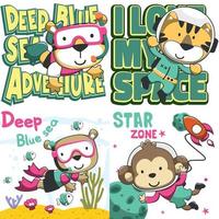 conjunto de dibujos animados niño animal actividad. Tigre y oso buceo submarino. astronauta Tigre y mono en espacio aislado objetos en blanco antecedentes. concepto para niños impresión. vector