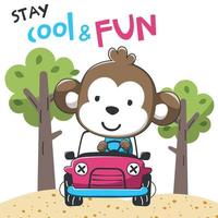 Vector illustration of funy monkey driving the red car. Funny background cartoon style for kids. Little adventure with animals on the road for nursery design, cartoon tshirt art design.