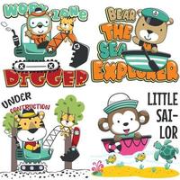 Set of cartoon kid animal activity. Tiger and bear the builder construction worker. Bear and monkey the sailor. Isolated objects on white background. Concept for children print. vector