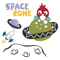 Vector bird character  in the space with planet and rocket isolated on white background