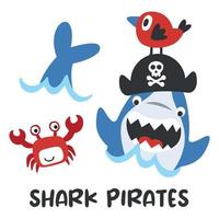 gracioso pirata tiburón dibujos animados con pequeño amigos debajo el mar, aislado en blanco antecedentes ilustración vector. vector
