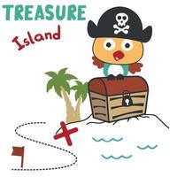 Vector illustration of pirate bird has found the treasure in cartoon style. Pirate flag, treasure chest. Isolate on a white background.