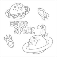 Vector bird character  in the space with planet and rocket isolated on white background Childish design for kids activity colouring book or page.