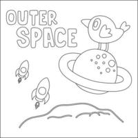 Vector bird character  in the space with planet and rocket isolated on white background Childish design for kids activity colouring book or page.