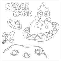 Vector bird character  in the space with planet and rocket isolated on white background Childish design for kids activity colouring book or page.