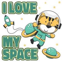 vector ilustración de linda dibujos animados astronautas pequeño Tigre en espacio, lata ser usado para camiseta imprimir, niños vestir Moda diseño, bebé ducha invitación tarjeta. tela, textil, guardería fondo de pantalla, póster.