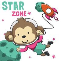 Vector illustration of cute cartoon astronauts little monkey in space, Can be used for t-shirt print, kids wear fashion design, baby shower invitation card. fabric, textile, nursery wallpaper, poster.