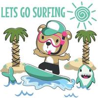 Vector illustration of cute little bear with a surfboard, Funny background cartoon style for kids for nursery design, summer sports t-shirt print.