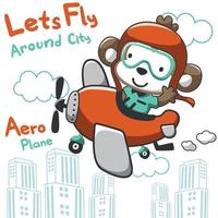 cute monkey flying on a plane. cartoon hand drawn vector illustration. can be used for kids baby t shirt print design, fashion graphic, baby shower card, celebration greeting and invitation card