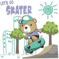 Cute cartoon character monkey skater. Vector print with cute bear on a skateboard. Can be used for t-shirt print, kids wear fashion design, fabric textile, nursery wallpaper and other decoration.