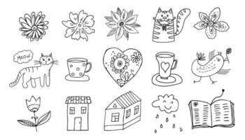 Vector doodle set of cozy summer objects and nature. Isolated linear cats and dird, flowers and houses, cups and book elements