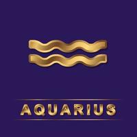 Aquarius zodiac golden vector sing with gold letters on the purple background. Vector horoscope symbol for design