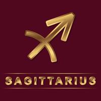 Sagittarius zodiac golden vector sign with gold letters on the dark red background. Isolated vector horoscope symbol for design