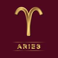 Aries zodiac golden vector sign with gold letters on the dark red background. Isolated vector horoscope symbol for design