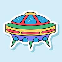 Vector UFO cartoon sticker in retro colors. Isolated colorful spaceship badge with white contour