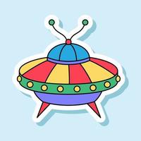 Vector UFO cartoon sticker in retro colors. Isolated colorful spaceship badge with white contour