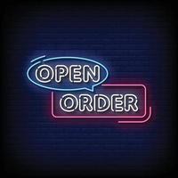 Neon Sign open order with brick wall background vector