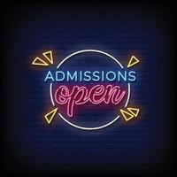 Neon Sign admissions open with brick wall background vector