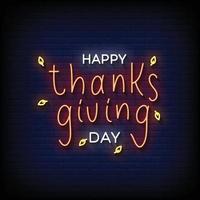 Neon Sign happy thanks giving with brick wall background vector