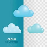 THREE VARIANT CLOUD SHAPES vector illustration in 3d glossy and plastic style. For technology such as cloud databases, servers and hosting. For education such as arts and sciences.