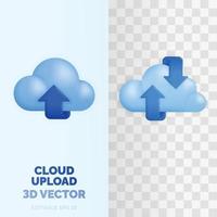 TWO VARIANT SHAPE CLOUD UPLOAD vector illustration in 3d glossy and plastic style. Development of technology, websites and apps.
