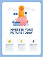 Vector illustration of invest in your future. Building wealth with piggy banks. Benefits of saving helps achieve financial freedom goals. Can use for ads, poster, campaign, website, apps, social media