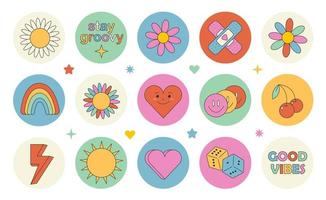 Groovy hippie 70s set. Funny cartoon flower, rainbow, peace, Love, heart, daisy, mushroom etc. Sticker pack in trendy retro psychedelic cartoon style. Isolated vector illustration. Flower power.