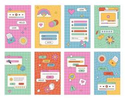 Cute nostalgic 90s retro vaporwave post and story template. Social media stories and posts with old computer aesthetic ui elements vector set. Vector Illustration of retro groovy abstract interface.