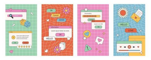 Cute nostalgic 90s retro vaporwave post and story template. Social media stories and posts with old computer aesthetic ui elements vector set. Vector Illustration of retro groovy abstract interface.