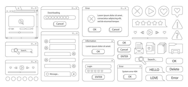 Set of retro stickers. Doodle style. Old desktop user interface elements. Cute nostalgic computer ui, vintage aesthetic icons and windows vector set. stock stylish graphics. Coloring book for children