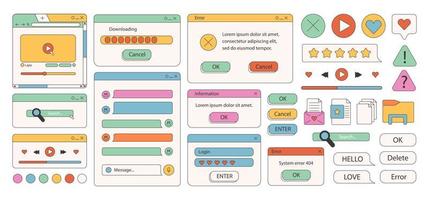 90s retro vaporwave old desktop user interface elements. Cute nostalgic computer ui, vintage aesthetic icons and windows vector set. 90s interface digital, retro window computer stock illustration