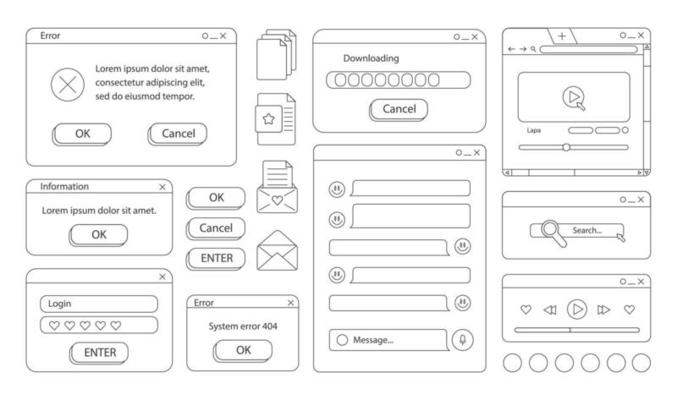 Set of retro stickers. Doodle style. Old desktop user interface elements. Cute nostalgic computer ui, vintage aesthetic icons and windows vector set. stock stylish graphics. Coloring book for children