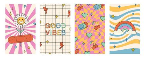 Groovy hippie 70s posters. Funny cartoon flower, rainbow, love, daisy etc. Vector cards in trendy retro psychedelic cartoon style. Vector stock backgrounds. Flower power. Good vibes.