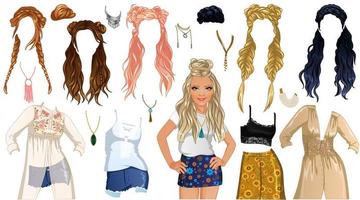 Boho Chic Hairstyle Paper Doll. Vector Illustration