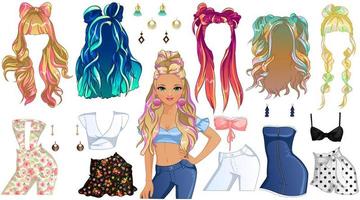 Hair Chalk Hairstyles Paper Doll. Vector Illustration