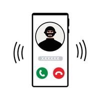 Fraud phone call. A telephone fraudster deceives and steals money and cards through smartphone calls. Thief, hacker and criminal are calling. vector illustration