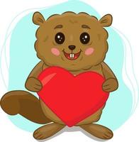 Vector illustration of a beaver with a heart. Cartoon character for Valentine's Day. A template for greeting cards, greetings, the Internet, mobile devices and infographics. Mascot.