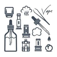 Different types of evaporators, a drop of liquid from a pipette, cotton wool and other accessories. Vape shop icons. Isolated on white background. Vector. vector