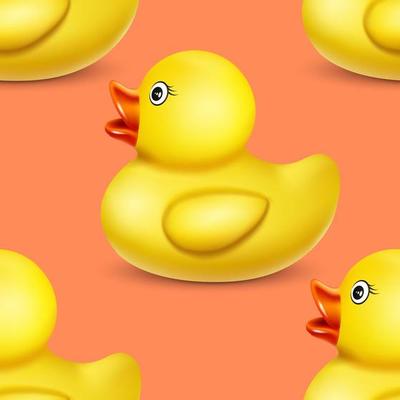 Yellow rubber duck on the side. Seamless pattern for children s design orange background vector.