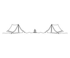 hiking, tents and campfire, camping, hand-drawn, continuous monoline, drawing in one line vector